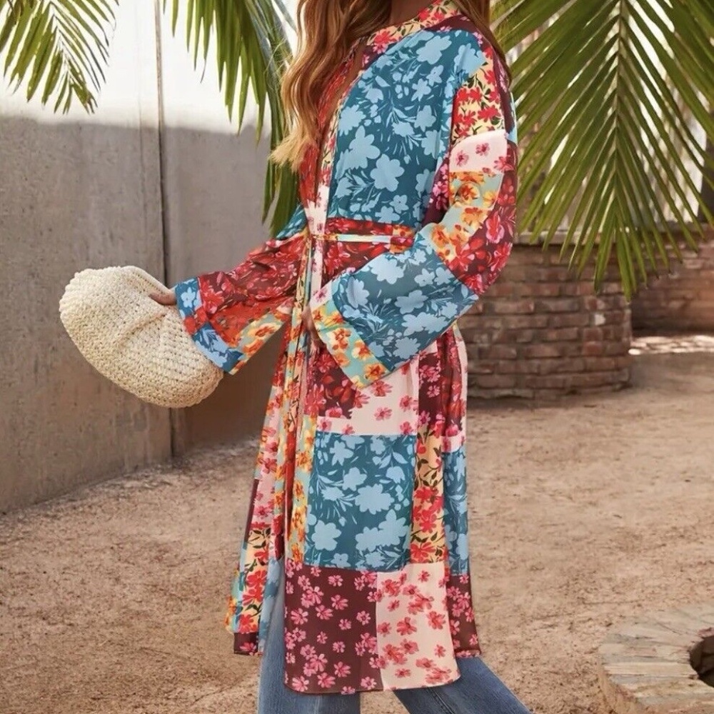 Boho Retro Vintage Floral Sheer Chiffon Kimono Gypsy Robe Duster beach coverup - Picture 2 of 5